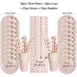 Pink Rose Gold Birthday Party Disposable Tableware Set - As picture show (FS-FE1136-85pcs)