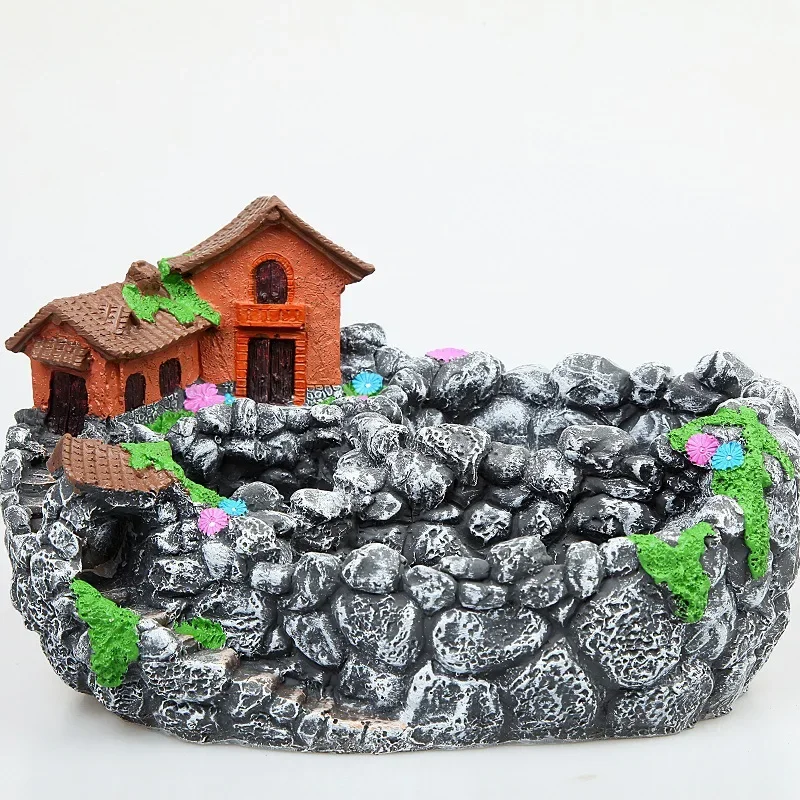 Creative Imitation Stone Resin Flower Pot, Creative Rural Micro Landscape, Large Caliber, House, Home, Garden, Fleshy Flower Pot