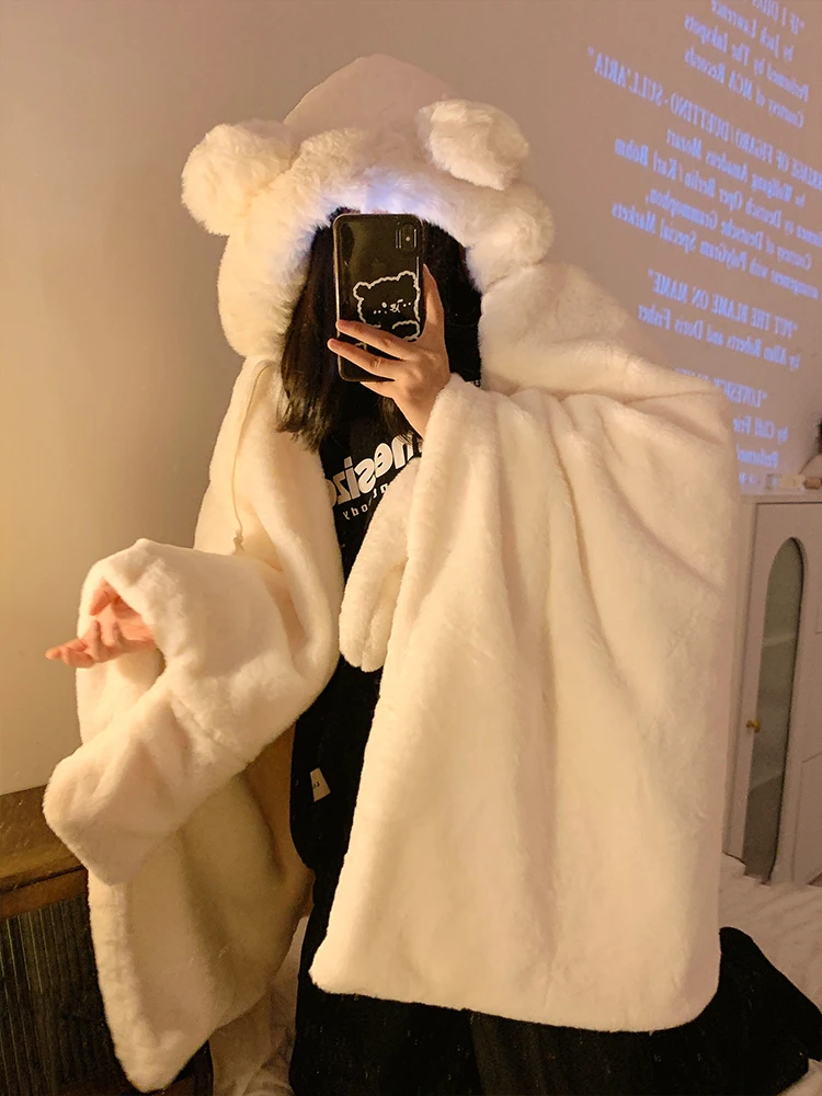 Thiened Plu Blanket Women's Winter Warm Office Nap Hooded awl oulder Cover Cartoon Sle Polyester Fiber Bedding