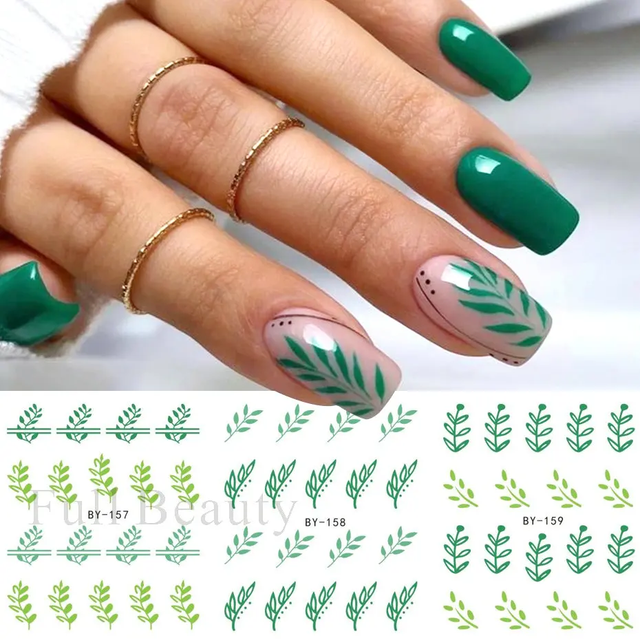 12pcs Green Leaves Stickers for Nails Summer Water Decals Watercolor Leaf Flower Nail Tattoos Slider Decorations LABY157-168 nail stickers nail art decoration nail decals