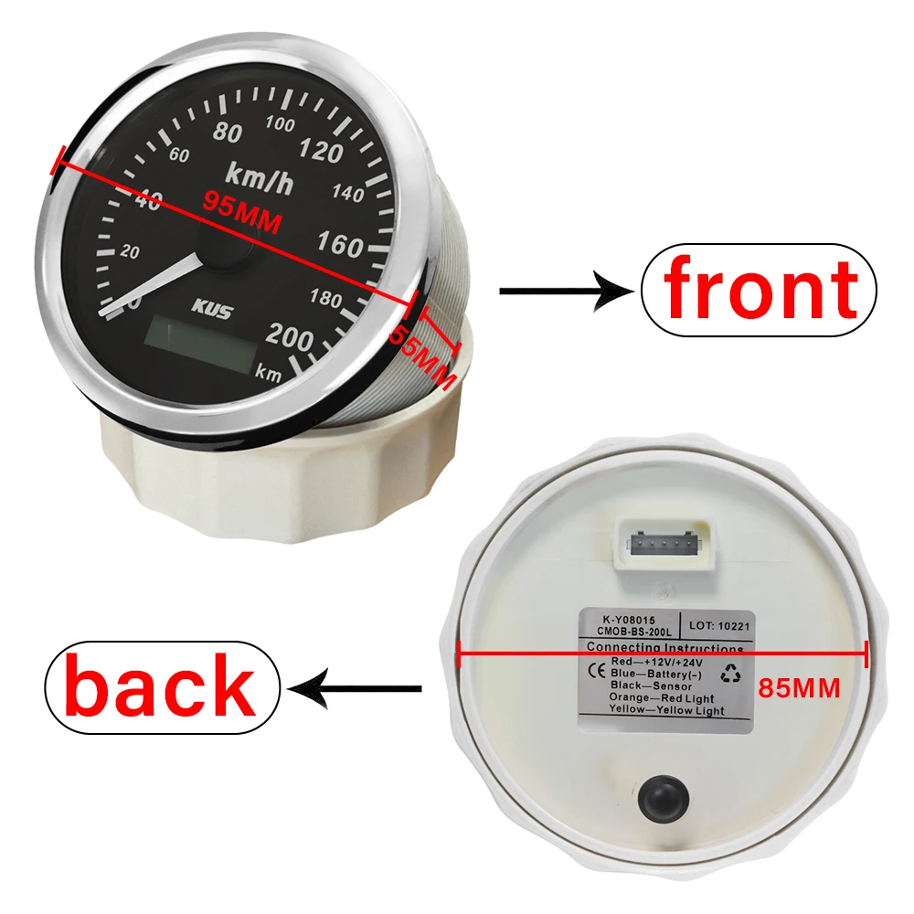 KUS 85mm 0-120KM/H 0-200KM/H Universal  Pulse Speedometer Milometer  Speed Waterproof Gauge Red and Yellow Backlight Available