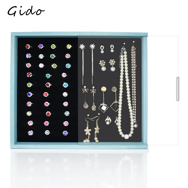 

Solid Wood Ring Jewelry Box Earring Stud Earring Storage Tray Earring Necklace Display Rack Vintage Dustproof Earring Box