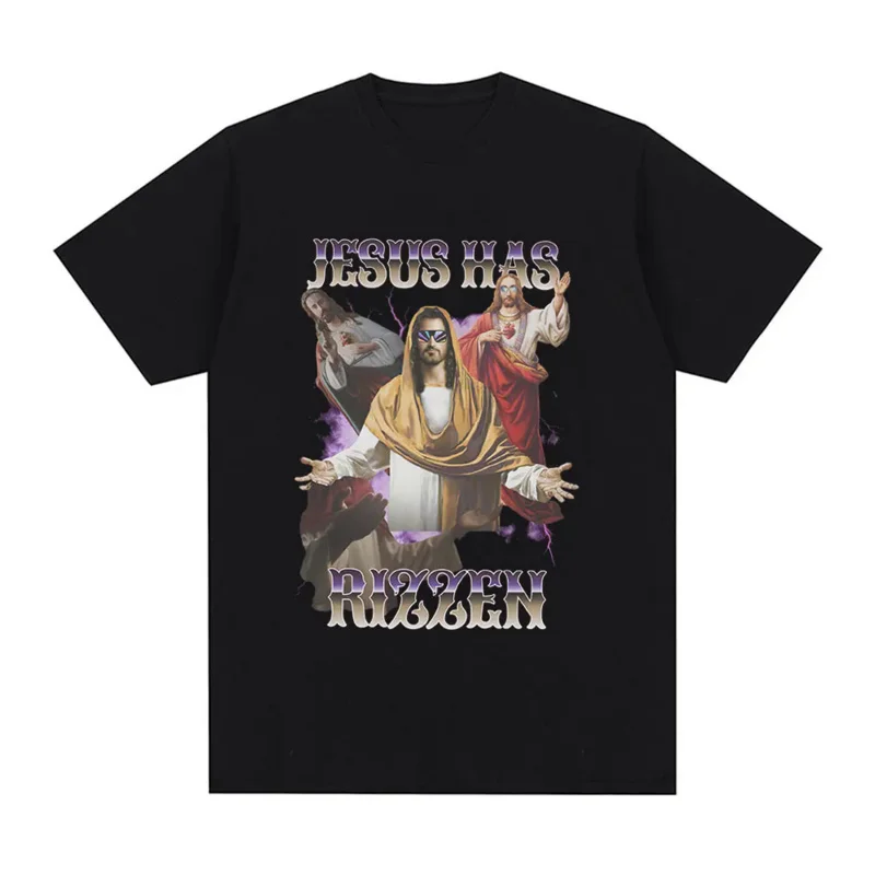 

Jesus has Rizzen Christians T shirt vintage religious graphic T-shirt men 100% cotton short sleeve oversized T shirts streetwear