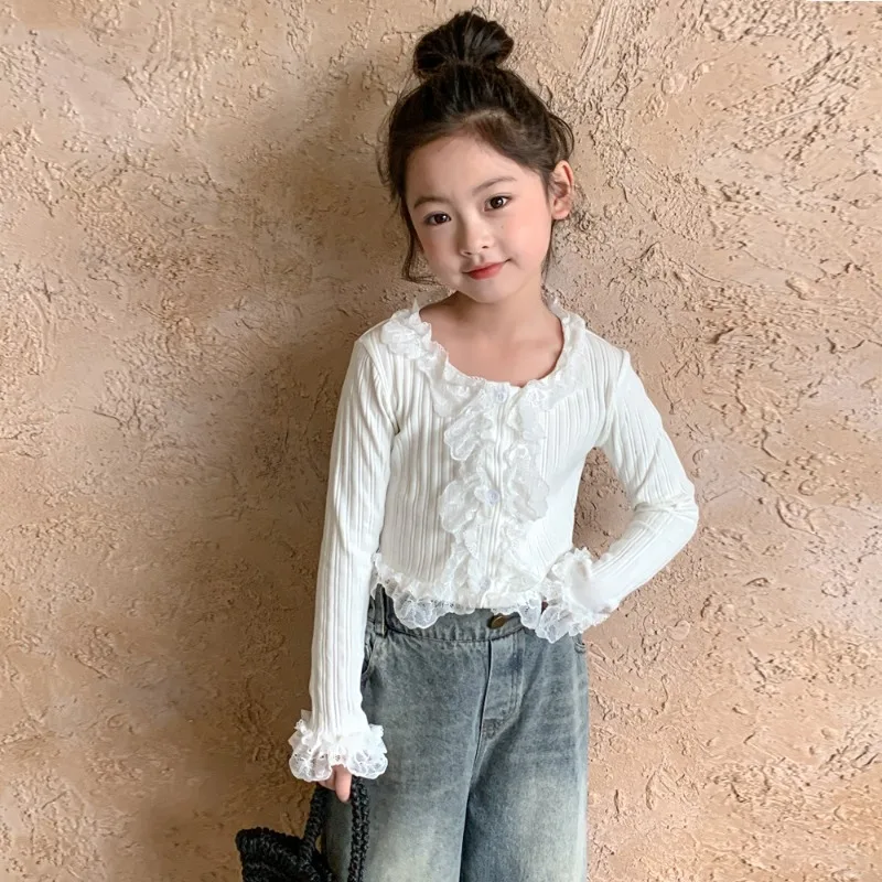 

2024 New Girls Spring Autumn One Piece Lace Pit Stripe Bottomed Shirt Loose Sweet Lovely Fashion Outdoor