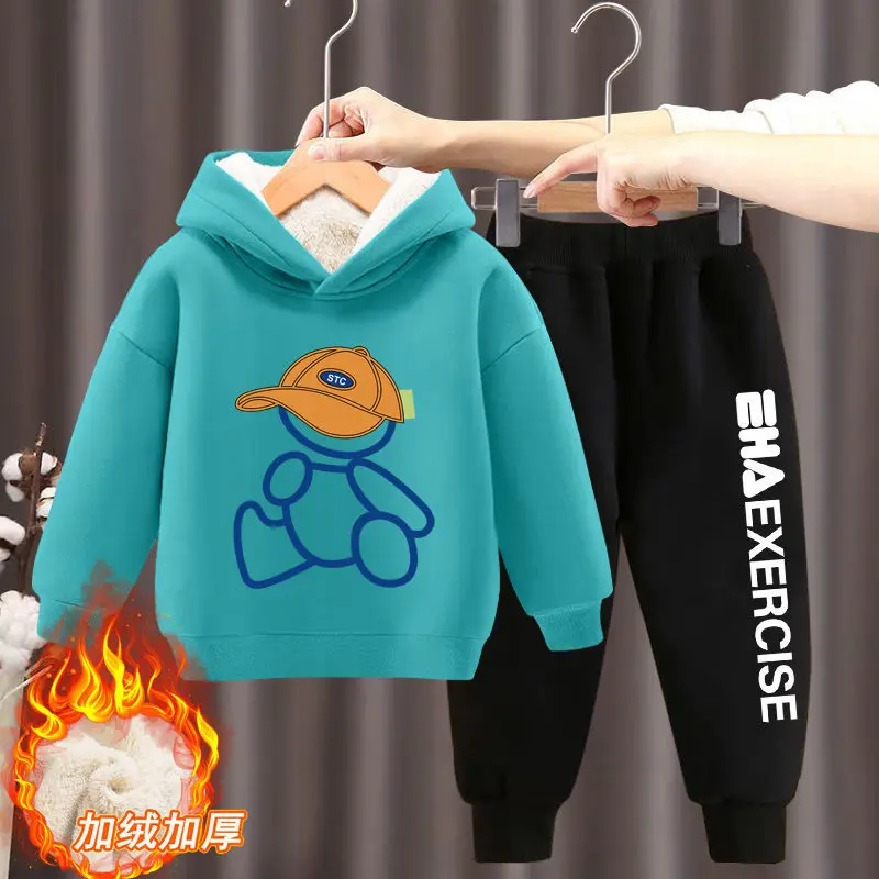 Kids Clothing Set Boys Girls Clothes Hoodies Trousers Sets New Kids Cartoon Autumn Winter Long Sleeve Fleece Warm Sweatshirts Outfits 2Pcs 2-12Y
