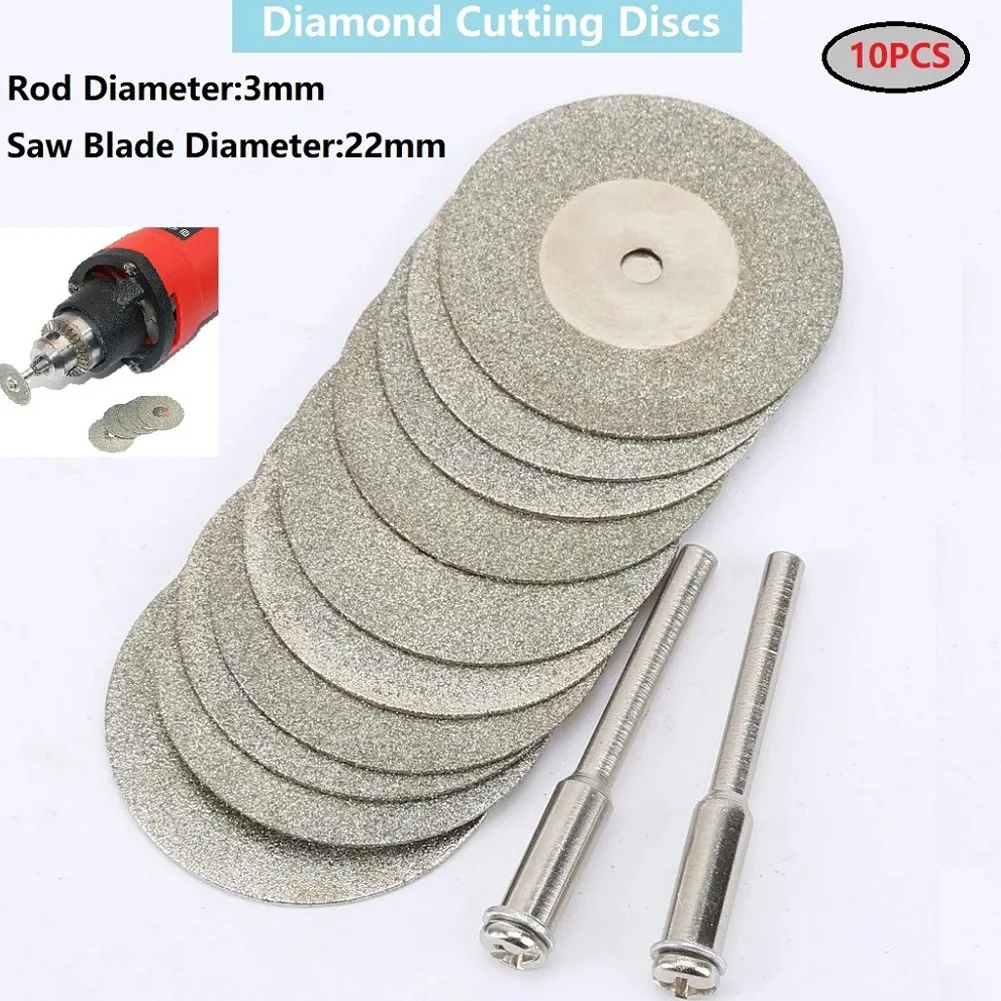 

10pcs 22mm Diamond Cutting Disc With 2 Arbor Shafts Cut Off Mini Diamond Saw Blade Drill Rotary Tool For Cutting Gem Stones