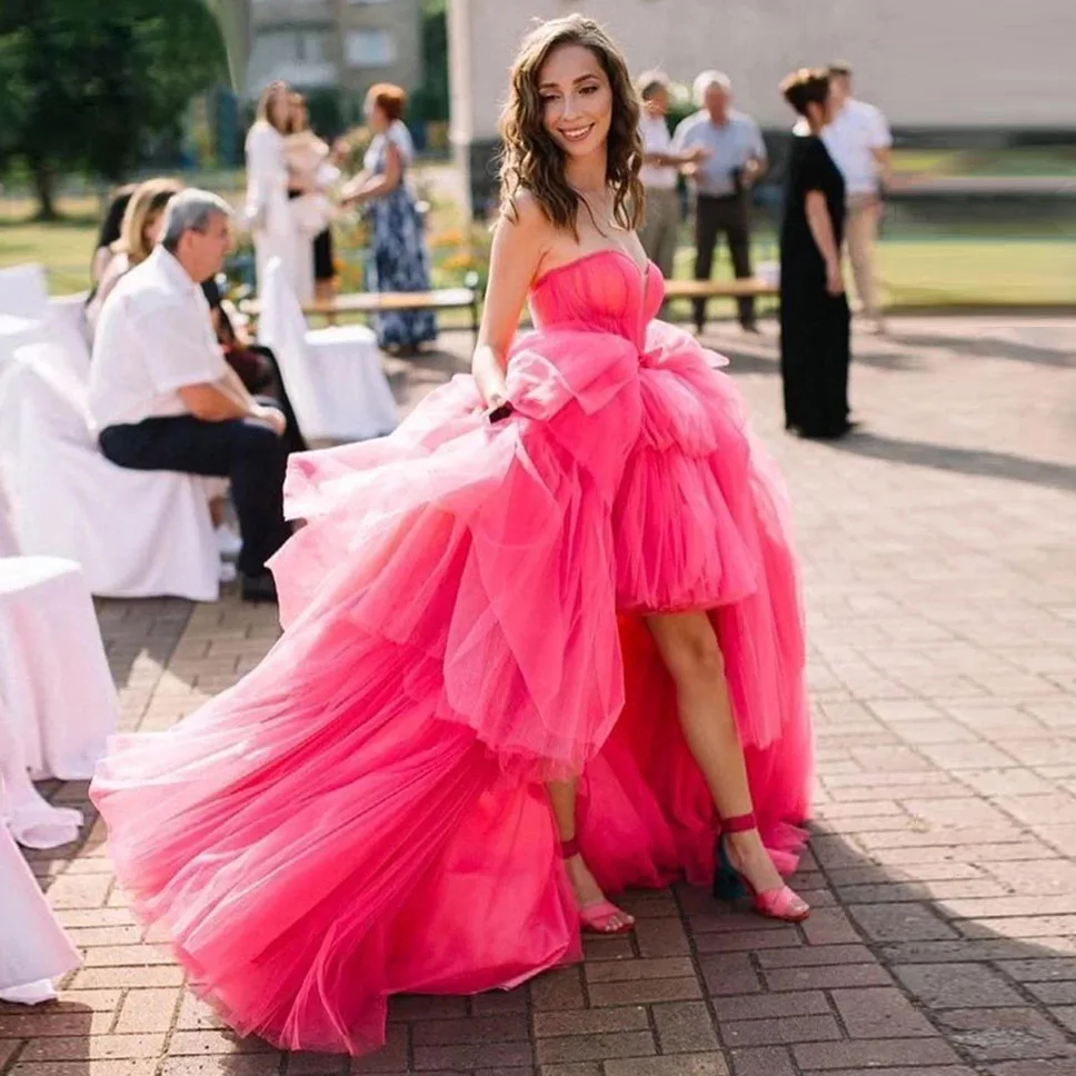 

Charming Hot Pink Puffy Tulle Party Dresses Sweetheart High Low Prom Gowns Lace up Tie Tiered Lush Long Evening Formal Dress
