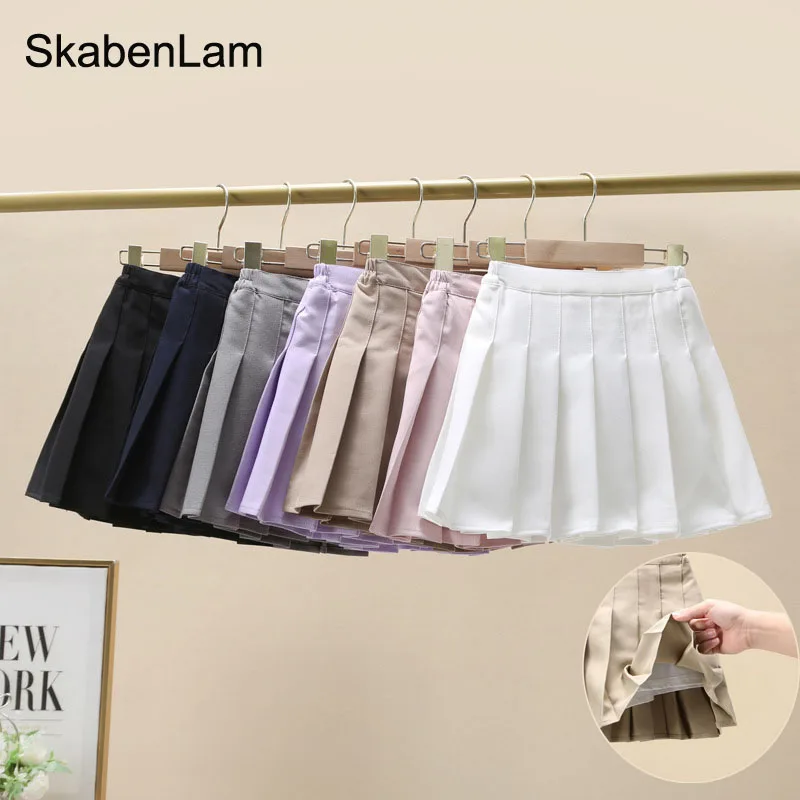 Girls Pleated Skirt with Shorts Panties Children Autumn Solid Wrinkled School Skirt Teens Uniform Kids Baby Clothes Blue