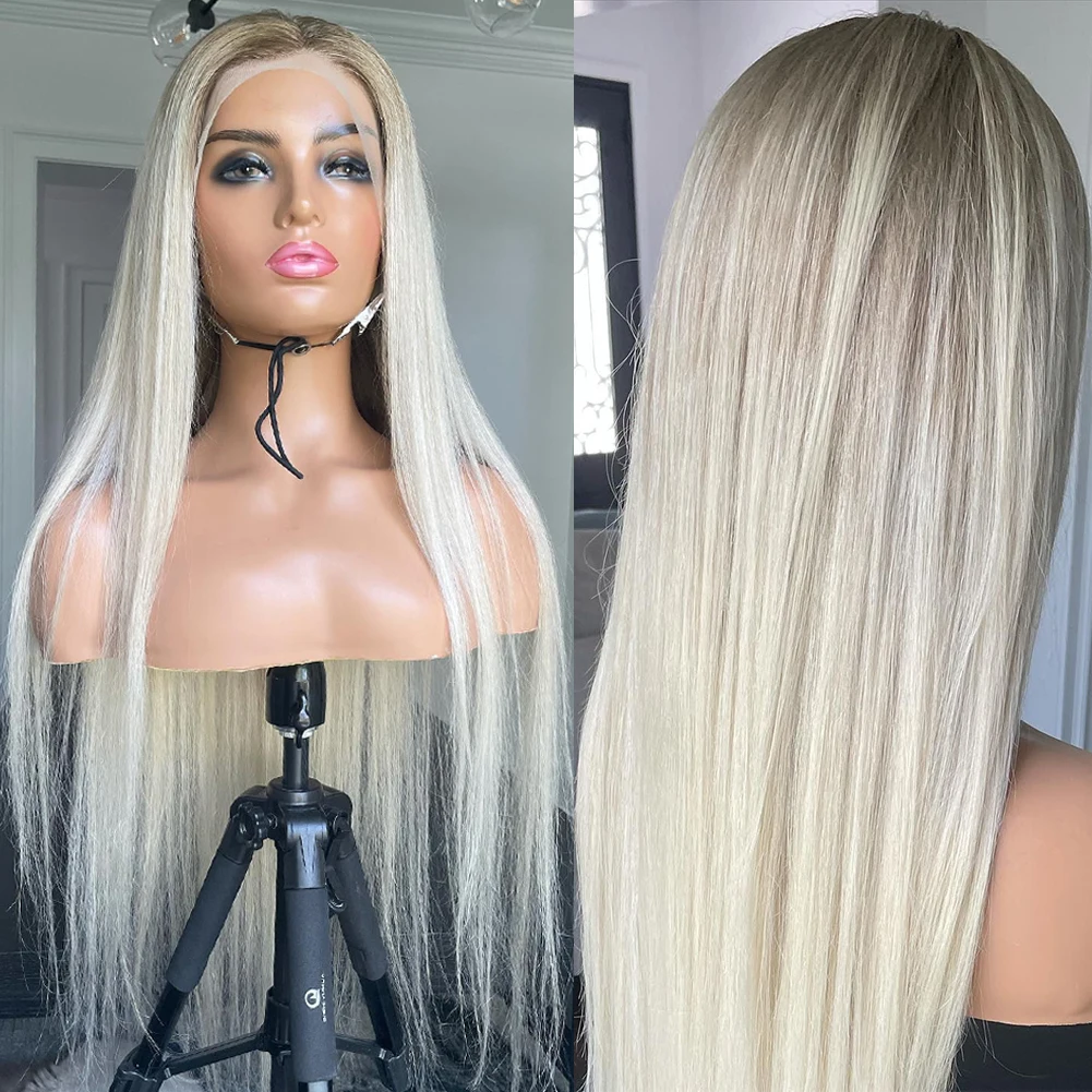 

Glueless Full Lace Wigs for Women Ombre Ash Blonde Root 13x6 Hd Lace Frontal Wig Preplucked 28" Long Straight Lace Front Wig 180