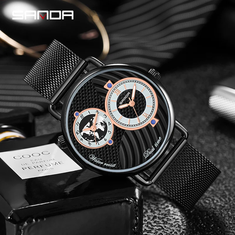 SANDA Men Luxury Statement Quartz Watch Fashion Six Hand Dial Slim Watches 30M Waterproof Mesh Strap Men Watch Gift Reloj Hombre