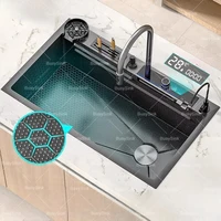 Stainless Steel Waterfall Kitchen Sink Embossed Digital display Multifunctional Large Single Slot Dishwashing Basin 1