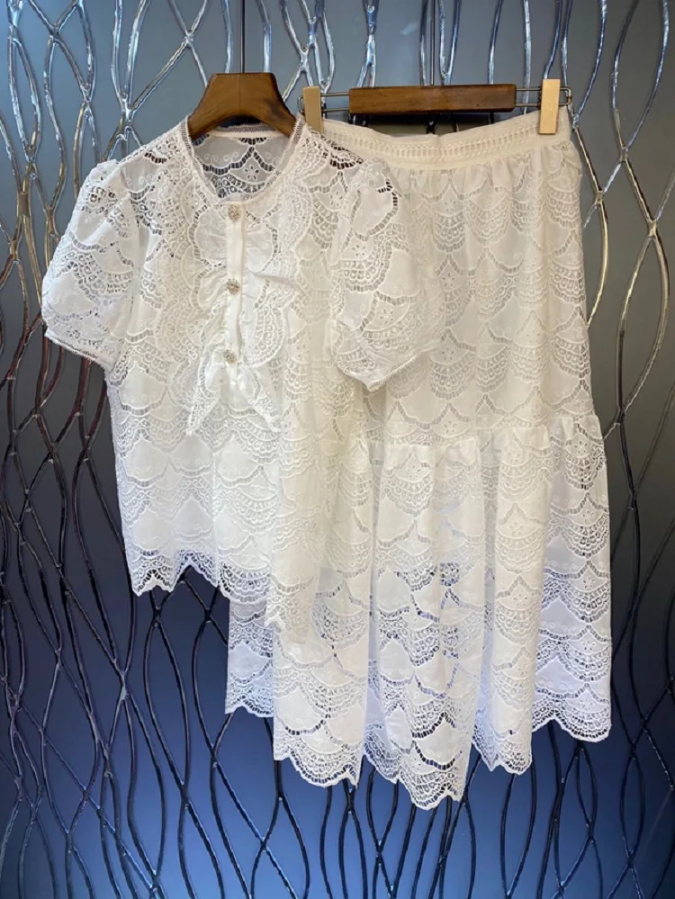 

Top Quality Women's Sets 2023 Summer Clothing Ladies Beading Deco Lace Tops+Long White Black Purple Lace Maxi Skirt Sets 2PCS