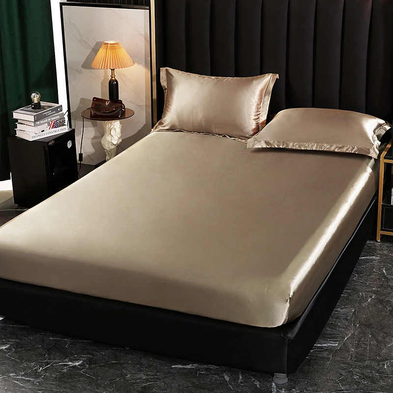 Luxury Satin Fitted Bed Sheet High Density Fabric Fitted Sheet  Breathable Supple  Fit Sheet with 2 pillwcase 4