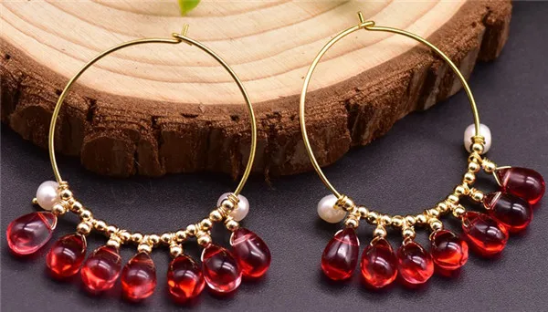 

HABITOO Natural White Pearl Red Crystal Earrings 14K Filled GOLD Ladies Pearl Earrings Jewelry Gift for Women