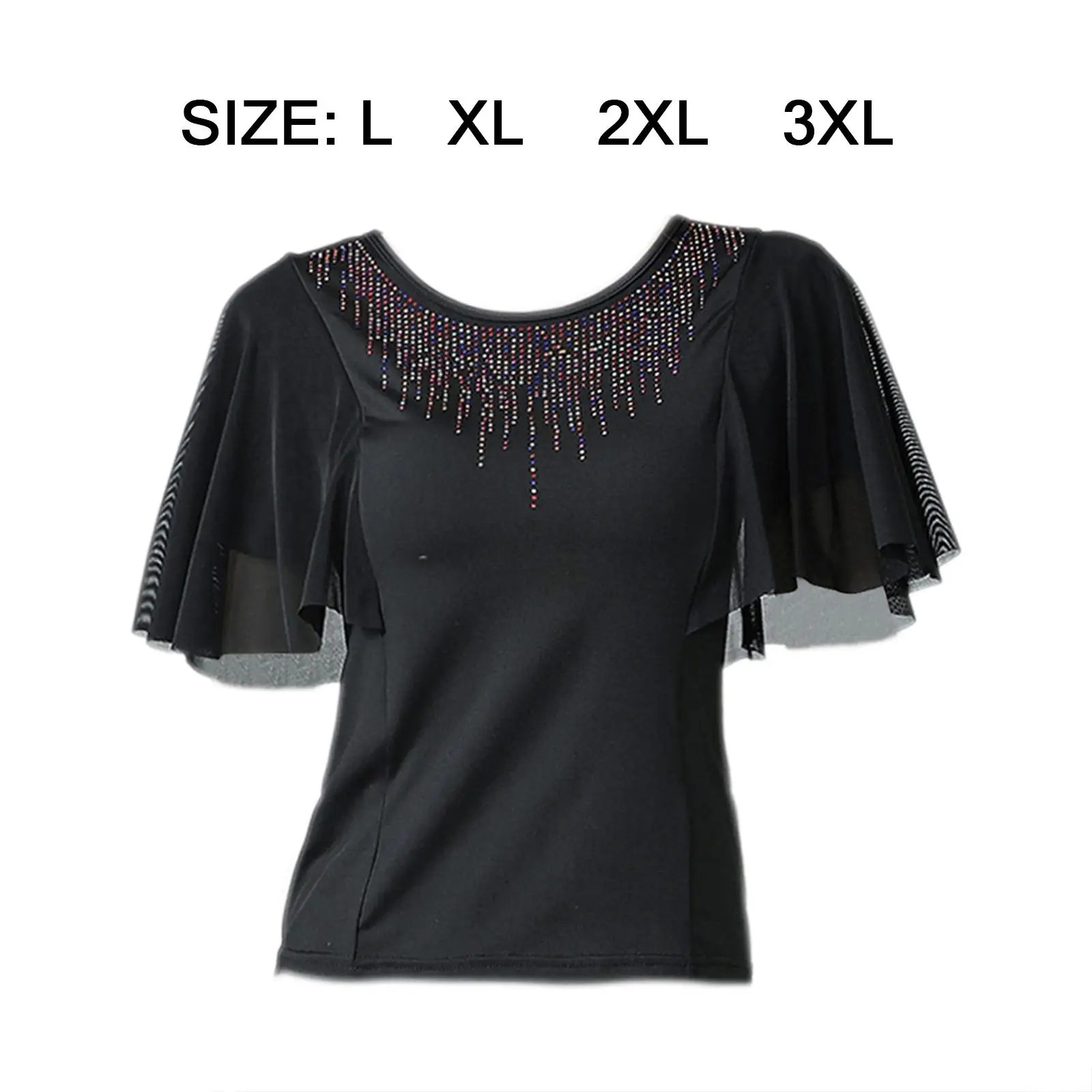 Women Ballroom Dance Tops  Sleeves Colorful Rhinestones Neckline Modern Blouses Performance Wear for Cha Cha Rumba Tango