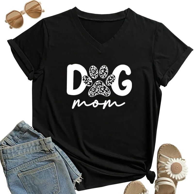 

Women Dog Mom T-shirt Cute Dogs Paw Leopard Printed Tee Cartoon Casual Shirt Summer V-neck Short Sleeve Tees Dog Mama Tshirt