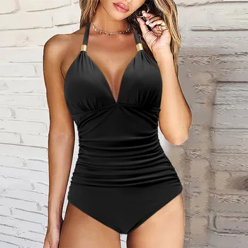 원피스 수영복 여성 솔리드 수영복 홀터 바디 슈트 푸시 업 수영복 모노 키니 비치웨어 플러스 사이즈 수영복 탱 키니 2023