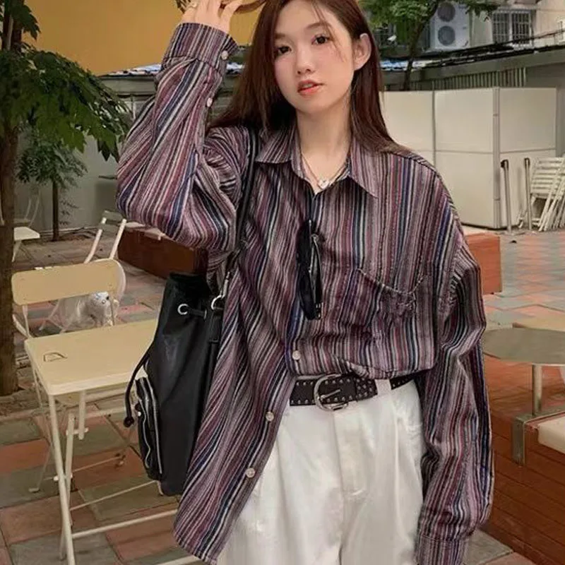 

Deeptown Vintage Striped Japanese Women and Men Blouse Oversize Shirt Preppy Casual Long Sleeve Top Basics Harajuku Couple Trend