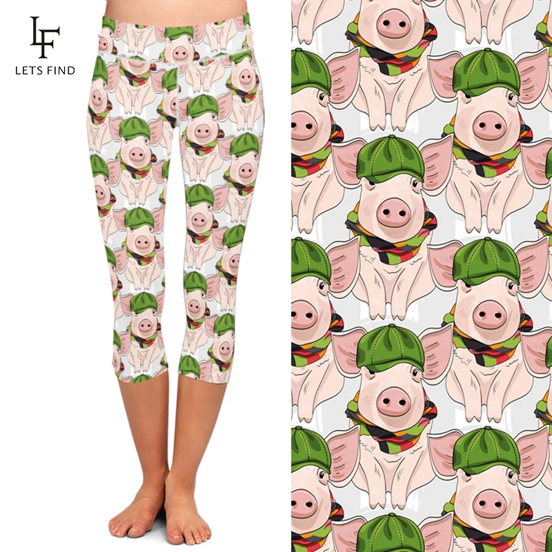 LETSFIND 3D Cartoon Pig Digital Printing Pants High Waist  Elastic Women Fitness Mid-Calf Casual Leggings Summer