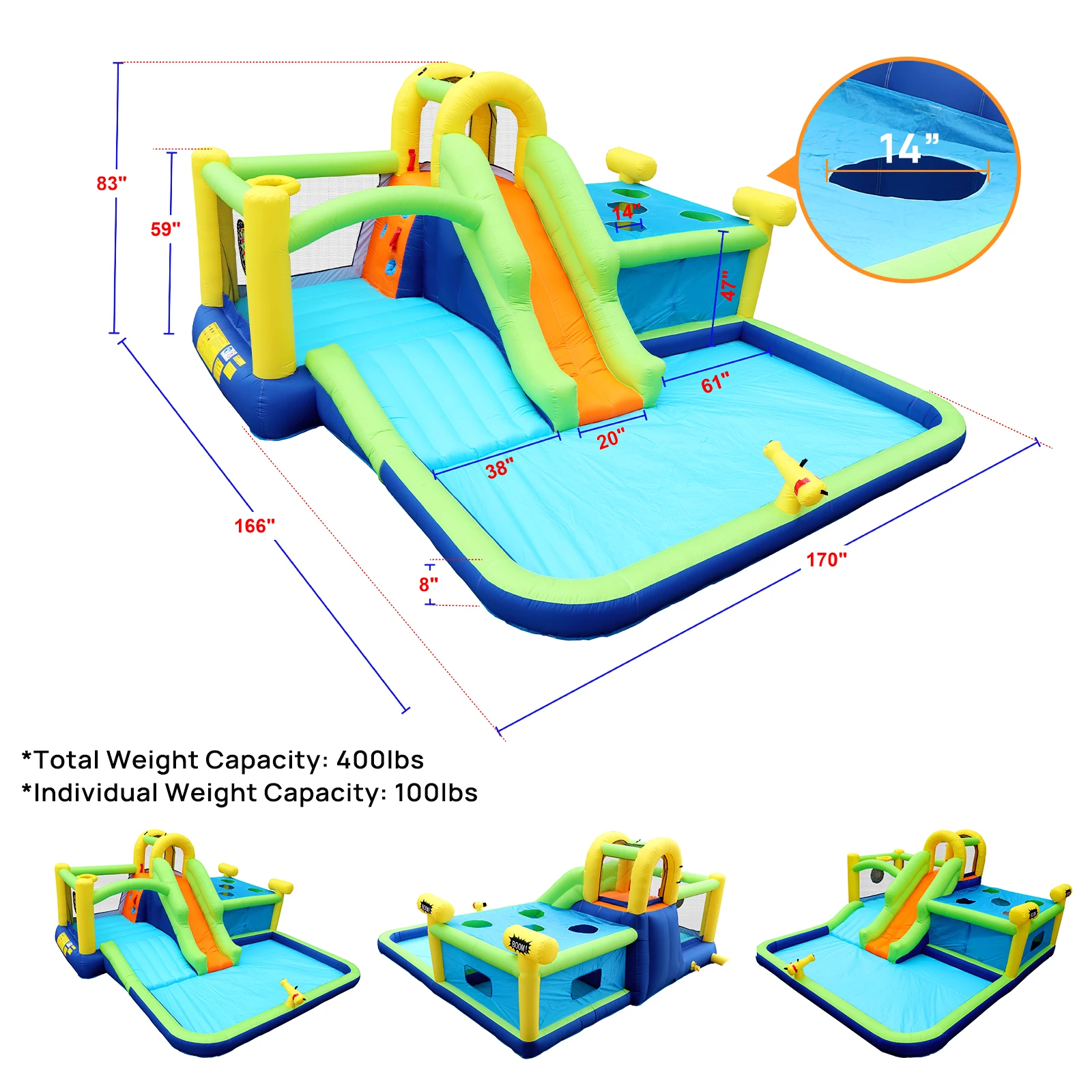 7 in1 Inflatable slide water park bouncing house outdoor garden bouncer with Whack a mole games & Splash pool & Target games & W 6