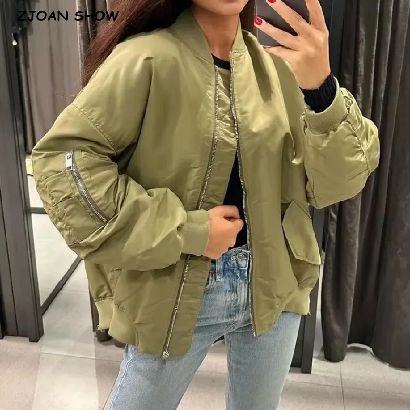 

2023 Winter Rib Stand Collar Baseball Parka Jacket Women Streetwear Pockets Fold Sleeve Side Slit Zipper Pilot Coat Boyfriend