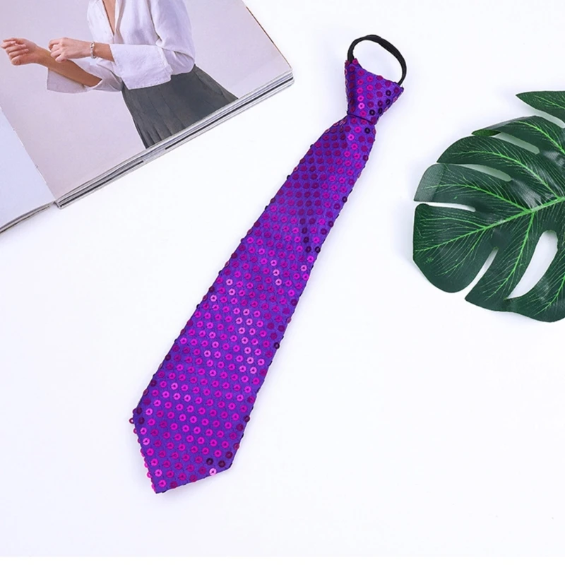 Men Women Shining Sequins Tie Stage Glitter Adjustable Zipper Closure Necktie Fashion Party Pre-Tied Neck Wear