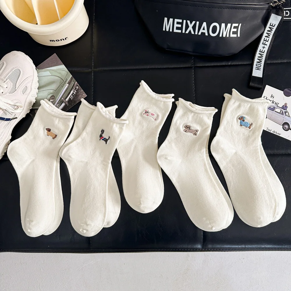 Niedliche Mädchen-Socken mit Cartoon-Tier-Stickerei Hund Katze Weiße Socken Gekräuselte Weiche Locker Sitzende Socken Welpen Kätzchen – Detail 21