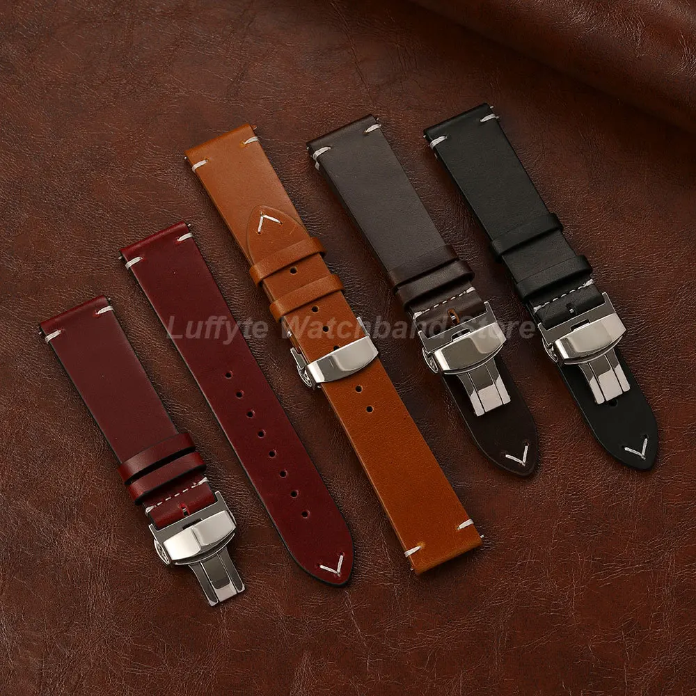 Men's Premium Oil Wax Leather Watch Band with Butterfly Buckle & Quick Release