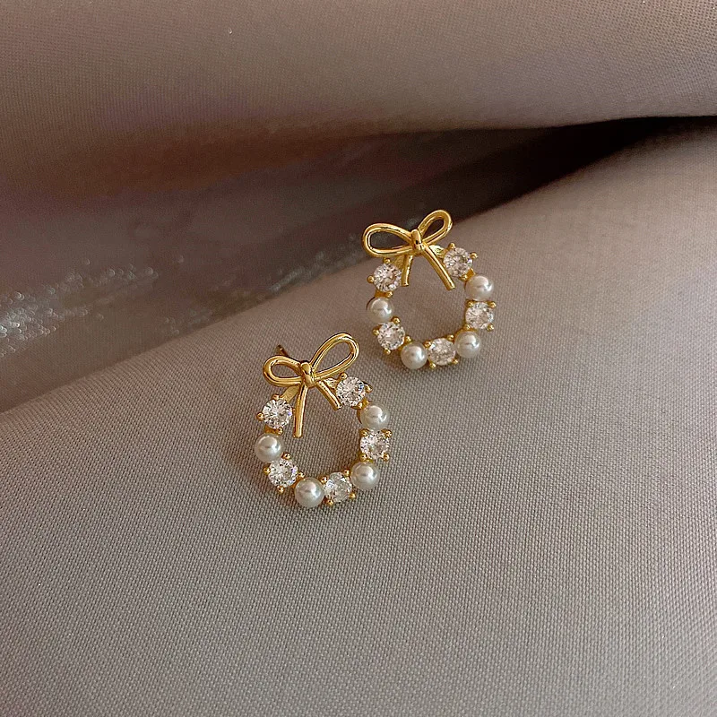 Fashion Lmitation Pearl Crystal Bow Stud Earring For Women Girl Party Trending Jewelry