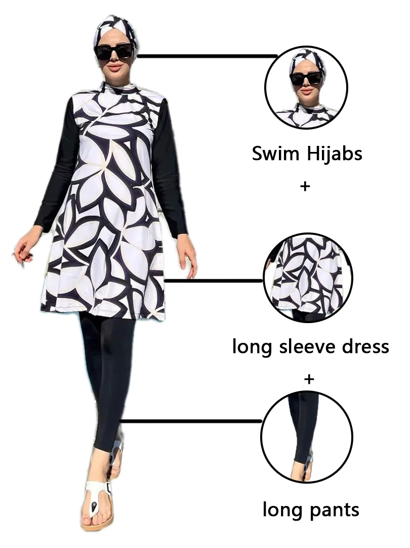 

3 Pcs/Set Muslim Swimwear Women White Printed Swimsuit Full Cover Islamic Suit Hijab Long Sleeve Swimwear Burkini Swimwear