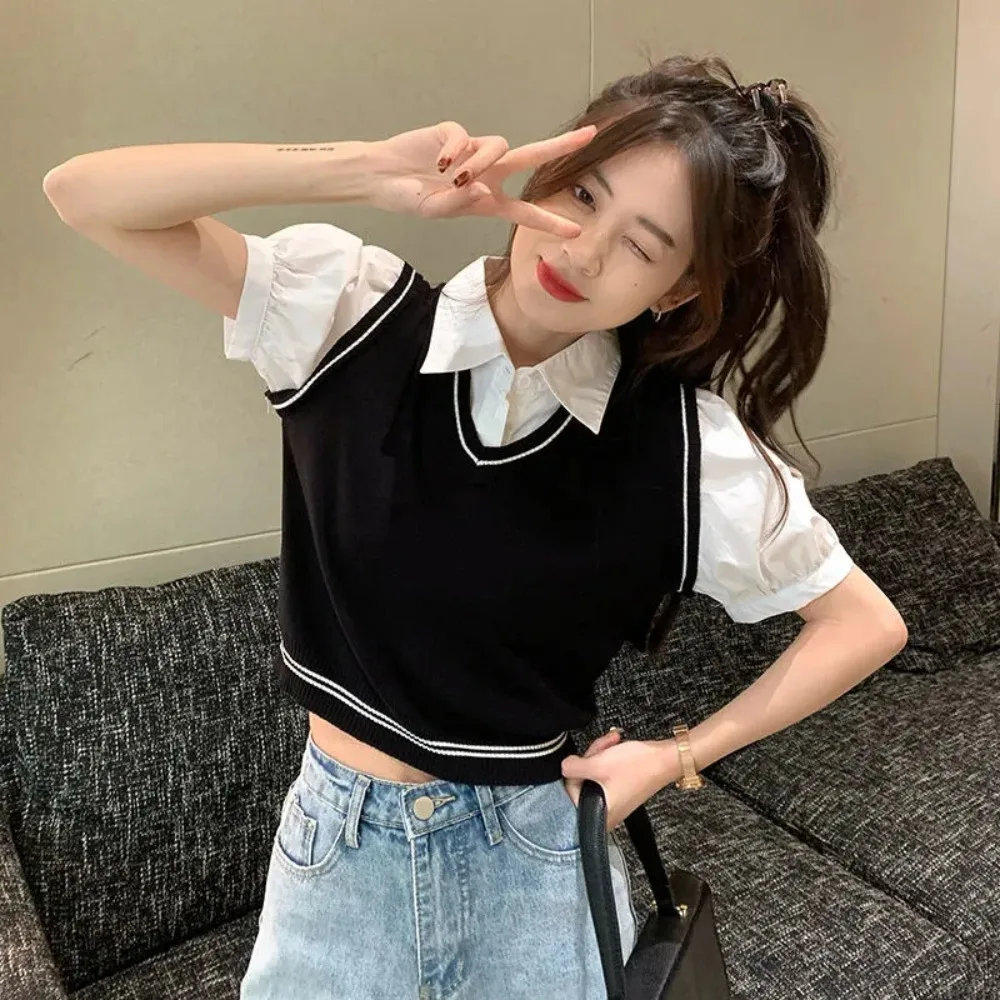 

Temperament Fake Two-piece Stripe T-shirt Fashion Summer Sweet Knitted Top Popular Casual Short Top Outdoor
