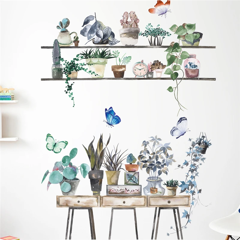 

Vivid Green Plant Pot Butterfly Wall Sticker For Home Decoration Diy Natural Scenery Mural Art Pvc Decals Pastoral Poster