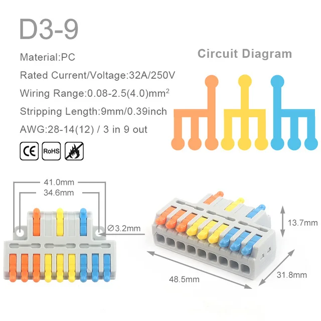 Mini connecteur de conducteur de fil rapide universel, Compact, 2/3 broches, bloc intercalaire, 1 entrée, sortie multiple, avec trou de fixation