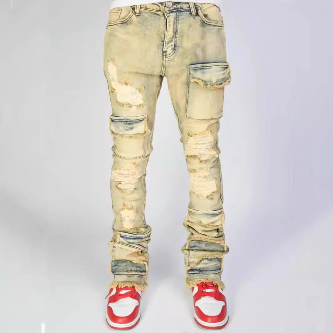 American Ripped Stretchy Men's Stacked Jeans Destroyed Wash Tear Cargo Pants Frayed Hem Muti-pockets Denim Trousers men jeans ripped jeans ripped patchwork jeans