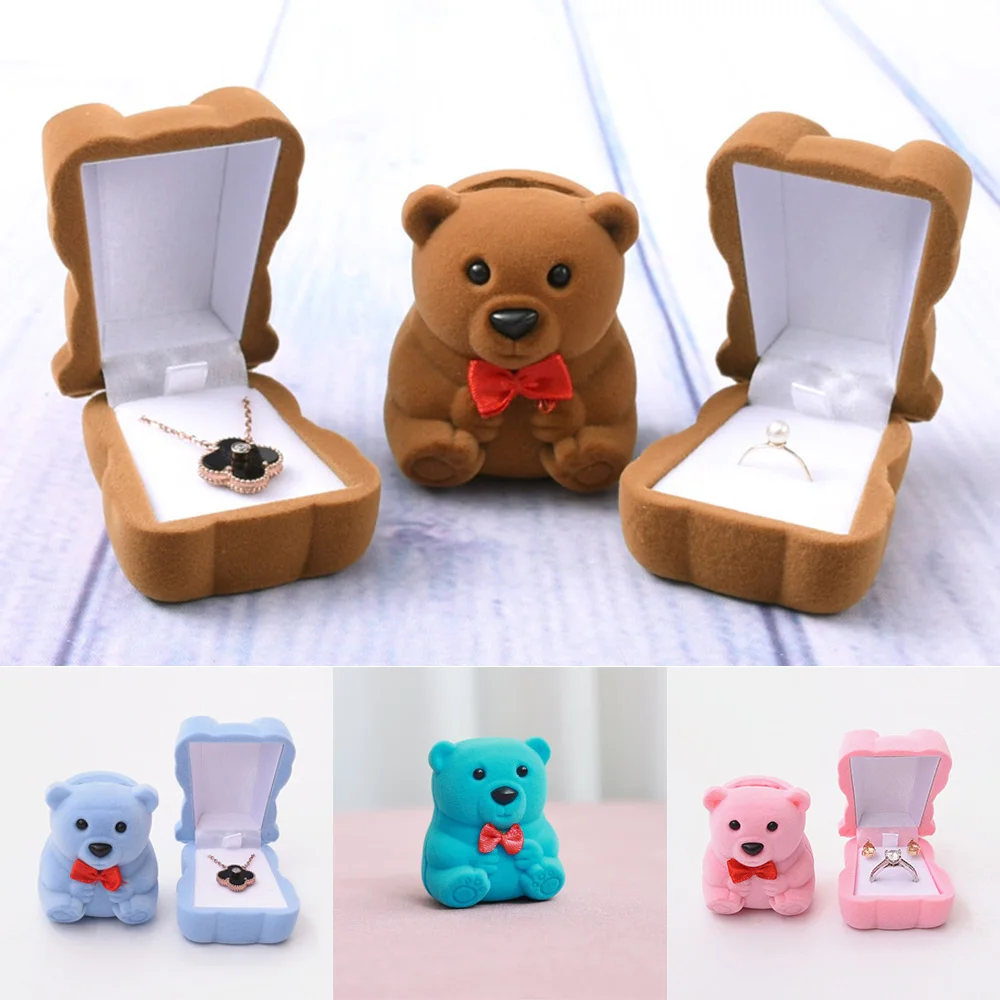 1pc Lovely Velvet Jewelry Box Cute Bear Necklace Ring Earrings Case Wedding Festival Gifts Storage Boxes Jewelry Display fabric cute sweet lovely little girl feeding cotton rubber headband hair accessories spring new children s bowknot hair ring