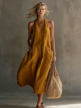 Women's Linen Halter Maxi Dress V Neck Sleeveless Loose Flowy Summer Casual Beach Dress with Pockets 1