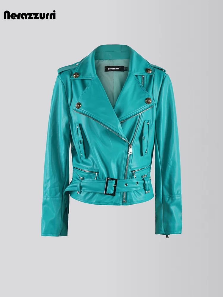 nerazzurri-spring-autumn-short-oversized-cool-chic-soft-green-pu-leather-moto-biker-jacket-women-zipper-belt-runway-fashion