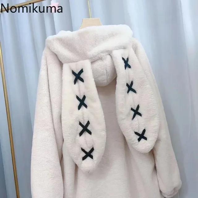 2025 Winter Clothing Women's Jackets Harajuku Rabbit Ears Punk Black Coats Thicked Furry Zipper Oversized Y2k Tops Ropa Mujer 6