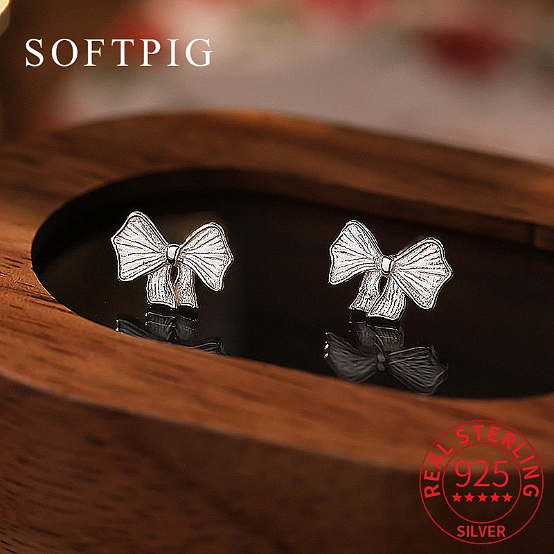 SOFTPIG Real 925 Sterling Silver 10*7mm Bowknot Stud Earrings for Women Cute Fine Jewelry Minimalist Accessories