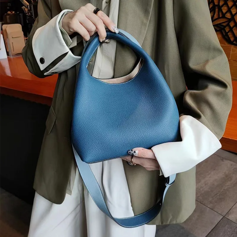 

FIRMRANCH Color Blocking Design Imported Togo Top Layer Cowhide Lychee Pattern Basket Versatile Female Shoulder Cross Bag Bucket