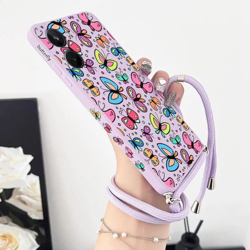 Butterfly Charm Silicone Crossbody Lanyard Phone Case