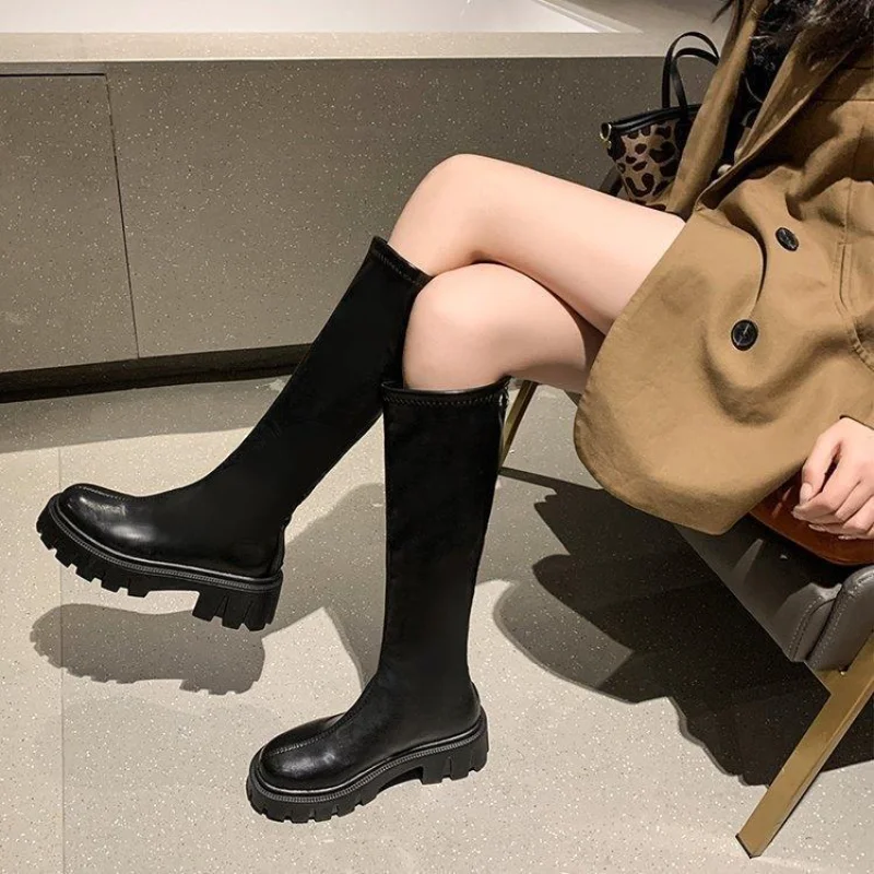 2023 New Platform Women's Boots PU Leather Ladies Zipper Rider Platform Flats Fashion Winter High Heels Knee Boots