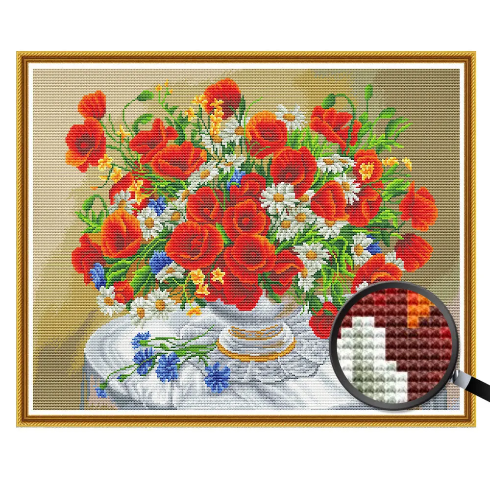Cross Stitch Kit HUACAN White Canvas DIY Home Decoration 14CT 40x50cm Embroidery Rose Peony