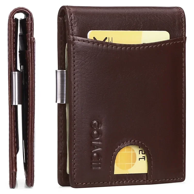 RFID Blocking Genuine Leather Gentleman Wallet - Front Pocket Money Clip Card Holder Metal Clip for Men 5