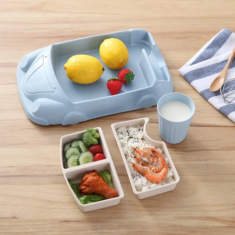 Creative children's car bamboo fiber baby food feeding tray food grade cartoon baby anti fall bowl, partition box, lunch box set