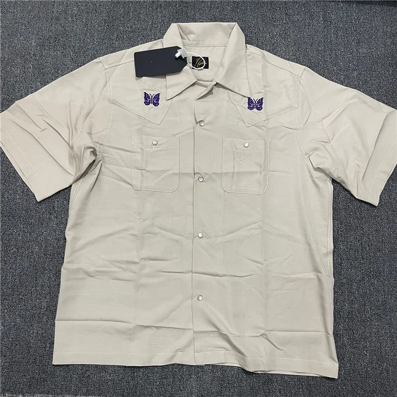 

NEEDLES Cowboy T Shirt Men Women Embroidered Butterfly Short Sleeve NEEDLES T-Shirts Buttoned Pockets Work Blouse