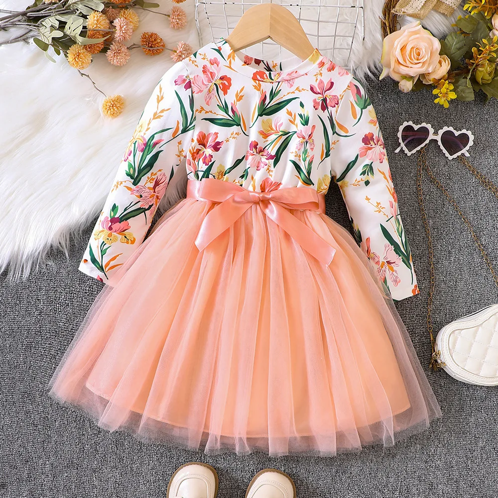 

2023 Winter New Girls Dress Long Sleeve O Neck Print Floral Sashes Green Cute Designer Girls Princess Dress Vestido 12M-5T