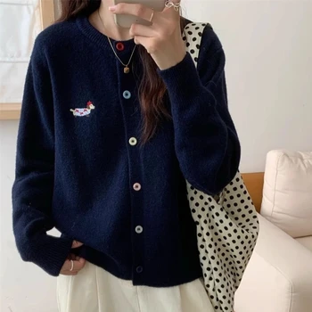 Autumn Winter 2025 Soft Elegant O-neck Loose Casual Sweaters Women Knitted Chic Embroidery Cardigan Basic Colorful Buttons Tops