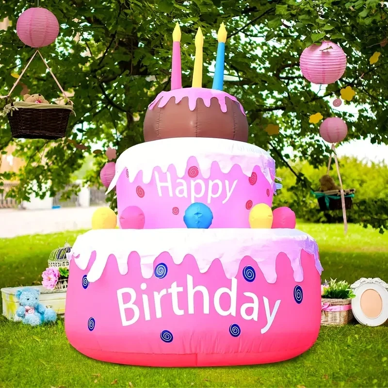 Inflatable Birthday Cake Outdoor Decorations with Candles LED Lighted Blow Up Happy Birthday Party Toys Home Garden Decorations 4