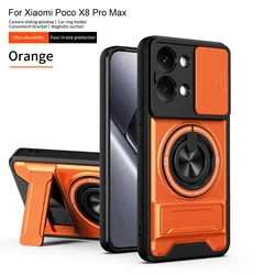 Magnetic Stand Armor Case with Slide Camera Protector and Kickstand for Xiaomi Poco X8Pro (Orange)